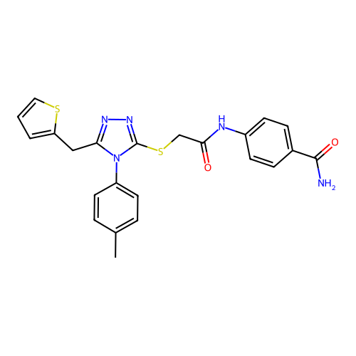 4-(2-((5-(thiophen-2-ylmethyl)-4-(p-tolyl)-4H-1,2,4-triazol-3-yl)thio)acetamido)benzamide structure