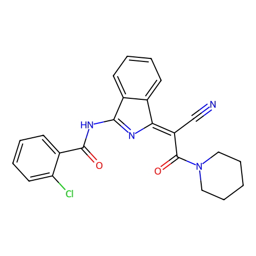 2-chloro-N-[(3Z)-3-(1-cyano-2-oxo-2-piperidin-1-ylethylidene)isoindol-1-yl]benzamide structure
