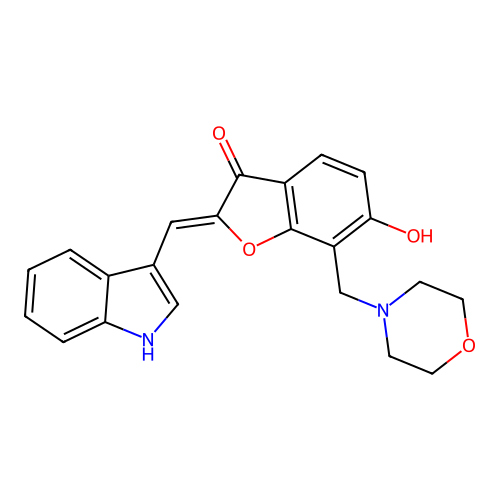 (2Z)-6-hydroxy-2-(1H-indol-3-ylmethylidene)-7-(morpholin-4-ylmethyl)-1-benzofuran-3(2H)-one structure