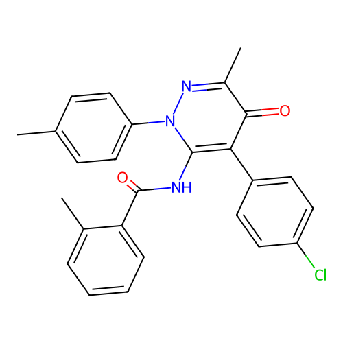 N-[4-(4-chlorophenyl)-6-methyl-2-(4-methylphenyl)-5-oxopyridazin-3-yl]-2-methylbenzamide structure