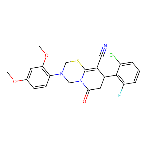 8-(2-chloro-6-fluorophenyl)-3-(2,4-dimethoxyphenyl)-6-oxo-3,4,7,8-tetrahydro-2H,6H-pyrido[2,1-b][1,3,5]thiadiazine-9-carbonitrile structure
