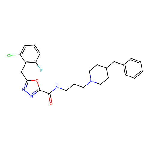N-[3-(4-benzylpiperidin-1-yl)propyl]-5-[(2-chloro-6-fluorophenyl)methyl]-1,3,4-oxadiazole-2-carboxamide structure
