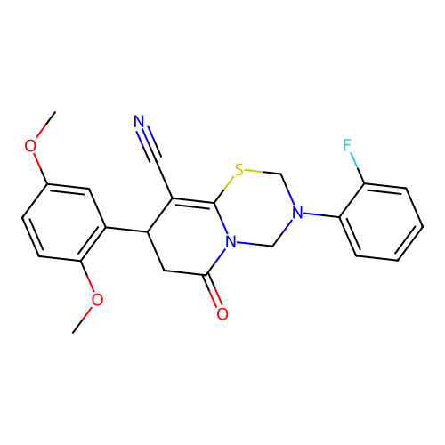 8-(2,5-dimethoxyphenyl)-3-(2-fluorophenyl)-6-oxo-2,4,7,8-tetrahydropyrido[2,1-b][1,3,5]thiadiazine-9-carbonitrile structure