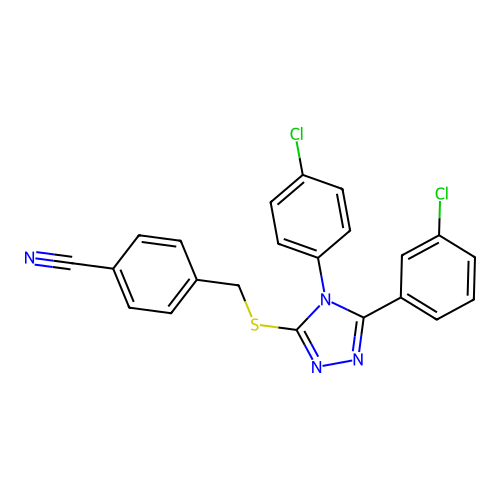4-[[5-(3-chlorophenyl)-4-(4-chlorophenyl)-1,2,4-triazol-3-yl]sulfanylmethyl]benzonitrile structure