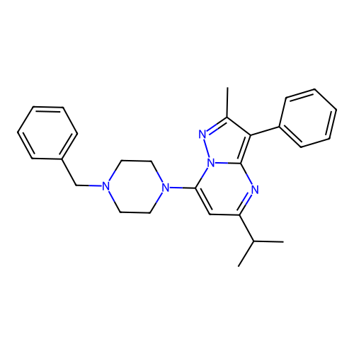 1-benzyl-4-[2-methyl-3-phenyl-5-(propan-2-yl)pyrazolo[1,5-a]pyrimidin-7-yl]piperazine structure