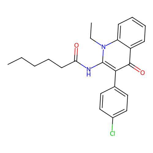 N-(3-(4-chlorophenyl)-1-ethyl-4-oxo-1,4-dihydroquinolin-2-yl)hexanamide structure