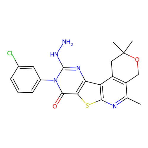 9-(3-chlorophenyl)-10-hydrazinyl-2,2,5-trimethyl-1,4-dihydro-2H-pyrano[4'',3'':4',5']pyrido[3',2':4,5]thieno[3,2-d]pyrimidin-8(9H)-one structure