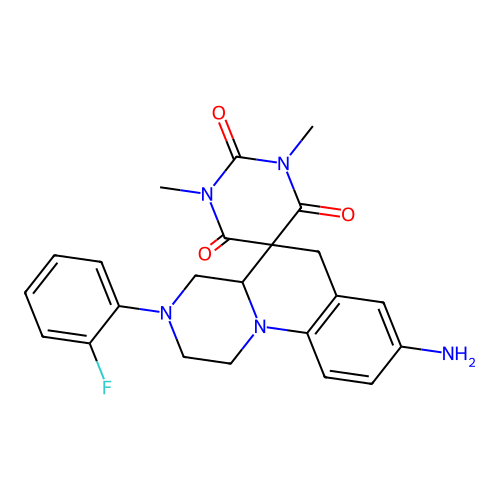 8-amino-3-(2-fluorophenyl)-1',3'-dimethyl-2,3,4,4a-tetrahydro-1H,2'H,6H-spiro[pyrazino[1,2-a]quinoline-5,5'-pyrimidine]-2',4',6'(1'H,3'H)-trione structure