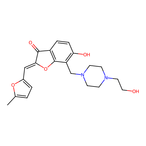 (Z)-6-hydroxy-7-((4-(2-hydroxyethyl)piperazin-1-yl)methyl)-2-((5-methylfuran-2-yl)methylene)benzofuran-3(2H)-one structure