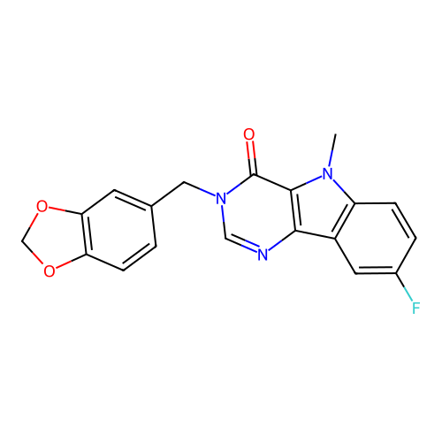 3-(1,3-benzodioxol-5-ylmethyl)-8-fluoro-5-methylpyrimido[5,4-b]indol-4-one structure