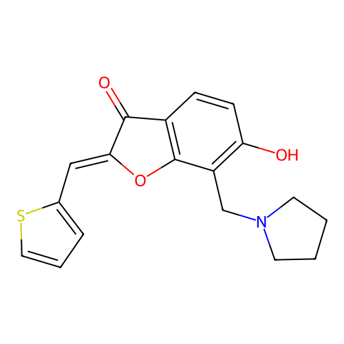 (Z)-6-hydroxy-7-(pyrrolidin-1-ylmethyl)-2-(thiophen-2-ylmethylene)benzofuran-3(2H)-one structure