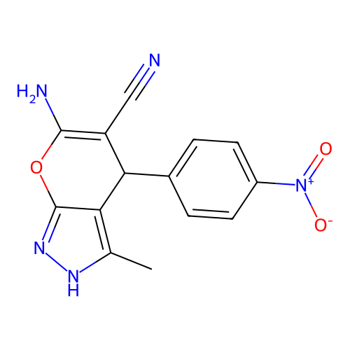 6-amino-3-methyl-4-(4-nitrophenyl)-1H,4H-pyrano[2,3-c]pyrazole-5-carbonitrile structure