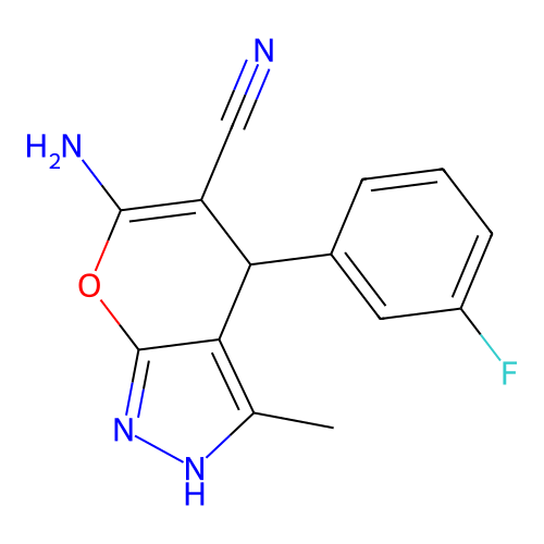 6-amino-4-(3-fluorophenyl)-3-methyl-1,4-dihydropyrano[2,3-c]pyrazole-5-carbonitrile structure