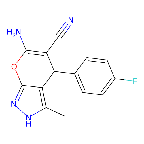 6-amino-4-(4-fluorophenyl)-3-methyl-1H,4H-pyrano[2,3-c]pyrazole-5-carbonitrile structure