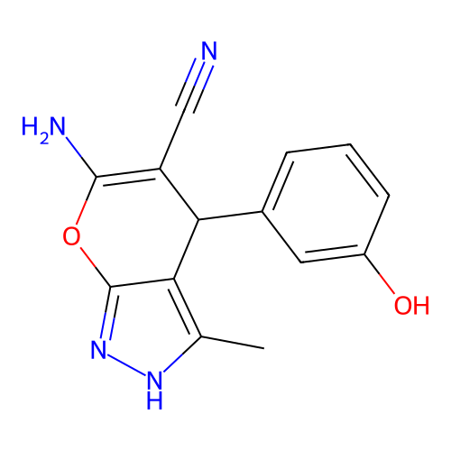 6-amino-4-(3-hydroxyphenyl)-3-methyl-1,4-dihydropyrano[2,3-c]pyrazole-5-carbonitrile structure
