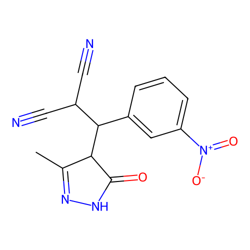 2-[(3-methyl-5-oxo-1,4-dihydropyrazol-4-yl)-(3-nitrophenyl)methyl]propanedinitrile structure