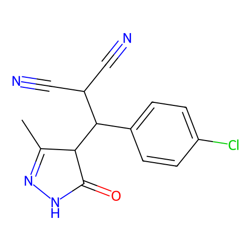 2-[(4-chlorophenyl)-(3-methyl-5-oxo-1,4-dihydropyrazol-4-yl)methyl]propanedinitrile structure