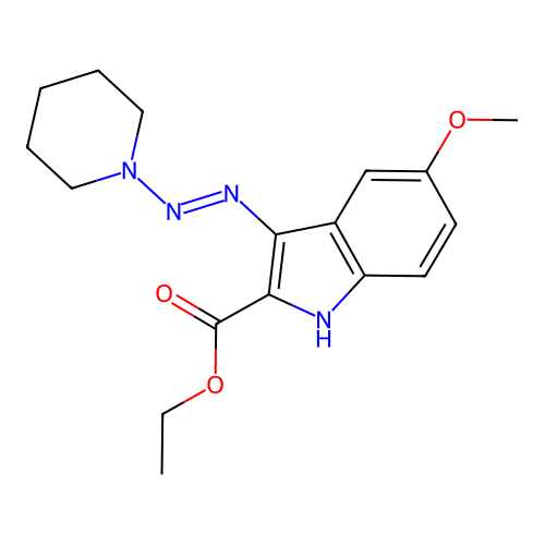 1H-Indole-2-carboxylic acid, 5-methoxy-3-(1-piperidinylazo)-, ethyl ester structure