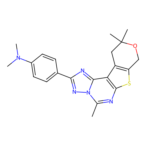 N,N-dimethyl-4-(5,10,10-trimethyl-10,11-dihydro-8H-pyrano[4',3':4,5]thieno[3,2-e][1,2,4]triazolo[1,5-c]pyrimidin-2-yl)aniline structure
