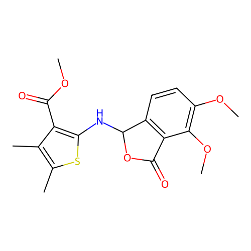 methyl 2-((4,5-dimethoxy-3-oxo-1,3-dihydroisobenzofuran-1-yl)amino)-4,5-dimethylthiophene-3-carboxylate structure