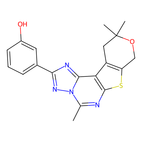 3-(5,10,10-trimethyl-10,11-dihydro-8H-pyrano[4',3':4,5]thieno[3,2-e][1,2,4]triazolo[1,5-c]pyrimidin-2-yl)phenol structure