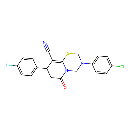 3-(4-chlorophenyl)-8-(4-fluorophenyl)-6-oxo-3,4,7,8-tetrahydro-2H,6H-pyrido[2,1-b][1,3,5]thiadiazine-9-carbonitrile structure