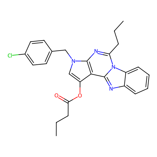 3-(4-chlorobenzyl)-5-propyl-3H-benzo[4,5]imidazo[1,2-c]pyrrolo[3,2-e]pyrimidin-1-yl butyrate structure