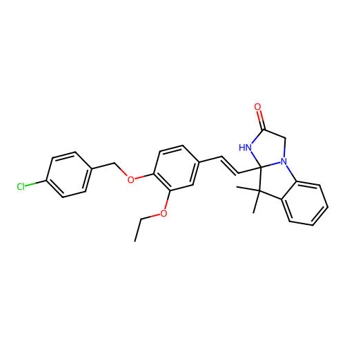 (E)-9a-(4-((4-chlorobenzyl)oxy)-3-ethoxystyryl)-9,9-dimethyl-9,9a-dihydro-1H-imidazo[1,2-a]indol-2(3H)-one structure