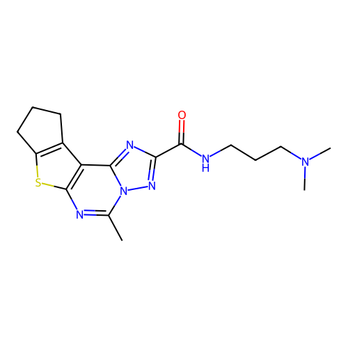 N-(3-(dimethylamino)propyl)-5-methyl-9,10-dihydro-8H-cyclopenta[4,5]thieno[3,2-e][1,2,4]triazolo[1,5-c]pyrimidine-2-carboxamide structure