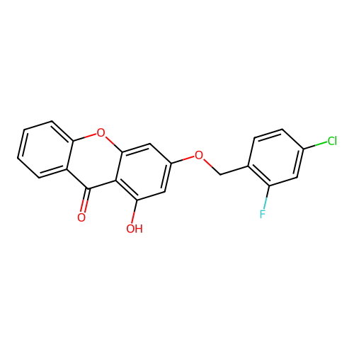 3-((4-chloro-2-fluorobenzyl)oxy)-1-hydroxy-9H-xanthen-9-one structure