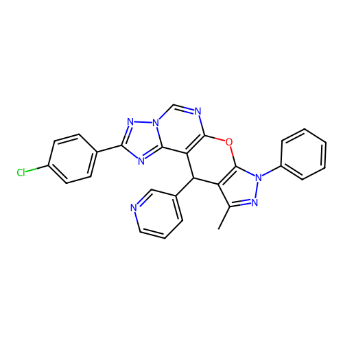 2-(4-chlorophenyl)-10-methyl-8-phenyl-11-(pyridin-3-yl)-8,11-dihydropyrazolo[4',3':5,6]pyrano[3,2-e][1,2,4]triazolo[1,5-c]pyrimidine structure