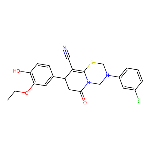 3-(3-chlorophenyl)-8-(3-ethoxy-4-hydroxyphenyl)-6-oxo-3,4,7,8-tetrahydro-2H,6H-pyrido[2,1-b][1,3,5]thiadiazine-9-carbonitrile structure