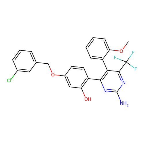2-[2-amino-5-(2-methoxyphenyl)-6-(trifluoromethyl)-4-pyrimidinyl]-5-[(3-chlorobenzyl)oxy]phenol structure
