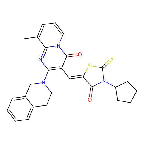 3-[(Z)-(3-cyclopentyl-4-oxo-2-thioxo-1,3-thiazolidin-5-ylidene)methyl]-2-(3,4-dihydroisoquinolin-2(1H)-yl)-9-methyl-4H-pyrido[1,2-a]pyrimidin-4-one structure