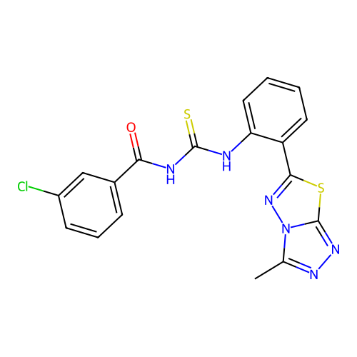 3-chloro-N-((2-(3-methyl-[1,2,4]triazolo[3,4-b][1,3,4]thiadiazol-6-yl)phenyl)carbamothioyl)benzamide structure