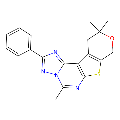 5,10,10-trimethyl-2-phenyl-10,11-dihydro-8H-pyrano[4',3':4,5]thieno[3,2-e][1,2,4]triazolo[1,5-c]pyrimidine structure