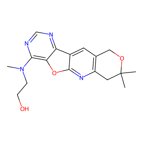 2-((8,8-dimethyl-8,10-dihydro-7H-pyrano[3'',4'':5',6']pyrido[3',2':4,5]furo[3,2-d]pyrimidin-4-yl)(methyl)amino)ethanol structure