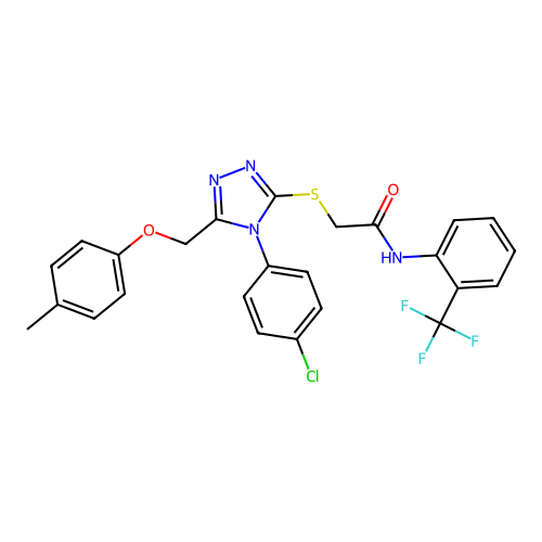 2-((4-(4-chlorophenyl)-5-((p-tolyloxy)methyl)-4H-1,2,4-triazol-3-yl)thio)-N-(2-(trifluoromethyl)phenyl)acetamide structure