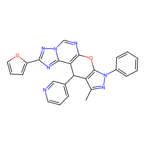 2-(furan-2-yl)-10-methyl-8-phenyl-11-(pyridin-3-yl)-8,11-dihydropyrazolo[4',3':5,6]pyrano[3,2-e][1,2,4]triazolo[1,5-c]pyrimidine structure