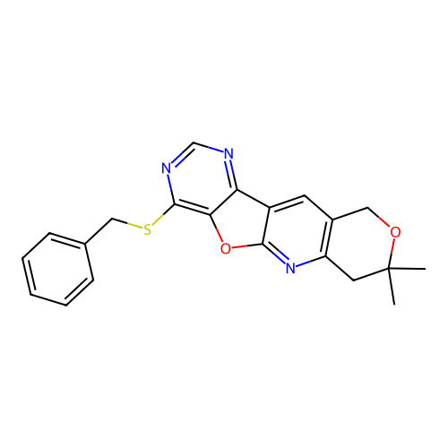 4-(benzylsulfanyl)-8,8-dimethyl-7,10-dihydro-8H-pyrano[3'',4'':5',6']pyrido[3',2':4,5]furo[3,2-d]pyrimidine structure