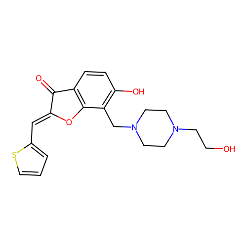 (2Z)-6-hydroxy-7-[[4-(2-hydroxyethyl)piperazin-1-yl]methyl]-2-(thiophen-2-ylmethylidene)-1-benzofuran-3-one structure