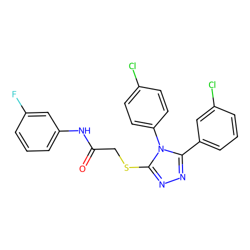 2-[[5-(3-chlorophenyl)-4-(4-chlorophenyl)-1,2,4-triazol-3-yl]sulfanyl]-N-(3-fluorophenyl)acetamide structure
