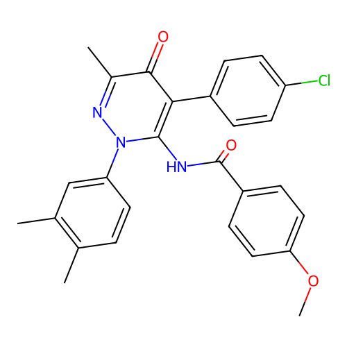 N-(4-(4-chlorophenyl)-2-(3,4-dimethylphenyl)-6-methyl-5-oxo-2,5-dihydropyridazin-3-yl)-4-methoxybenzamide structure