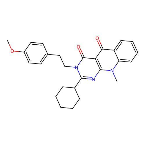 2-cyclohexyl-3-(4-methoxyphenethyl)-10-methylpyrimido[4,5-b]quinoline-4,5(3H,10H)-dione structure