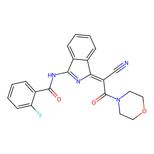 (Z)-N-(1-(1-cyano-2-morpholino-2-oxoethylidene)-1H-isoindol-3-yl)-2-fluorobenzamide structure