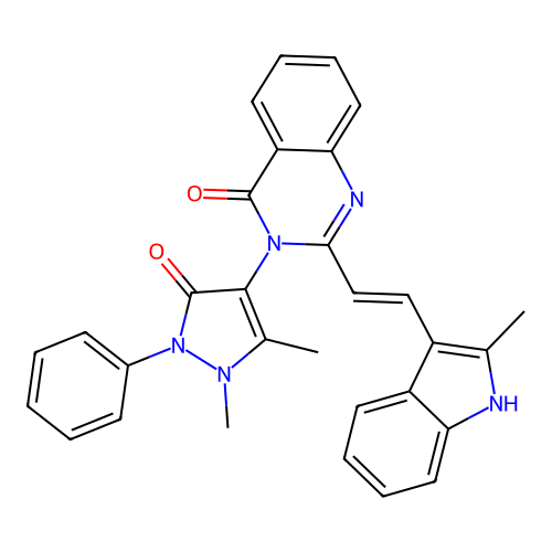 (E)-3-(1,5-dimethyl-3-oxo-2-phenyl-2,3-dihydro-1H-pyrazol-4-yl)-2-(2-(2-methyl-1H-indol-3-yl)vinyl)quinazolin-4(3H)-one structure