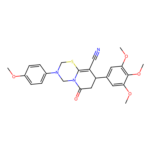 3-(4-methoxyphenyl)-6-oxo-8-(3,4,5-trimethoxyphenyl)-3,4,7,8-tetrahydro-2H,6H-pyrido[2,1-b][1,3,5]thiadiazine-9-carbonitrile structure