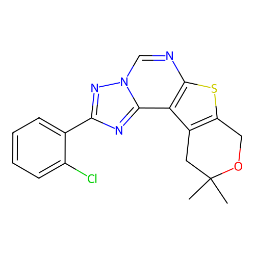 2-(2-chlorophenyl)-10,10-dimethyl-10,11-dihydro-8H-pyrano[4',3':4,5]thieno[3,2-e][1,2,4]triazolo[1,5-c]pyrimidine structure