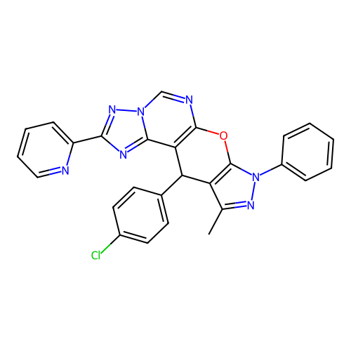 11-(4-chlorophenyl)-10-methyl-8-phenyl-2-(pyridin-2-yl)-8,11-dihydropyrazolo[4',3':5,6]pyrano[3,2-e][1,2,4]triazolo[1,5-c]pyrimidine structure