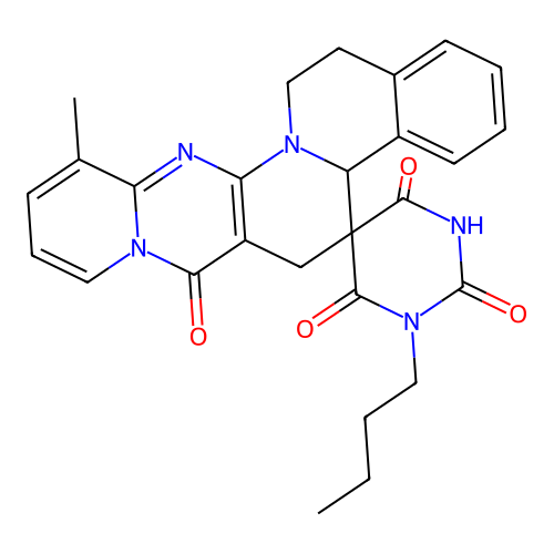 1'-butyl-12-methyl-15,16-dihydro-1'H,4bH-spiro[pyrido[1'',2'':1',2']pyrimido[5',4':5,6]pyrido[2,1-a]isoquinoline-5,5'-pyrimidine]-2',4',6',7(3'H,6H)-tetraone structure